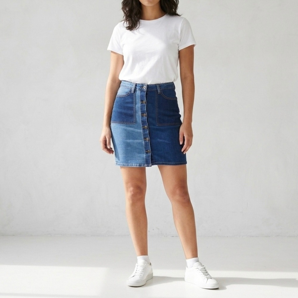 Machine Two Tone Patchwork Denim Jean Pencil Mini Skirt Blue Size M